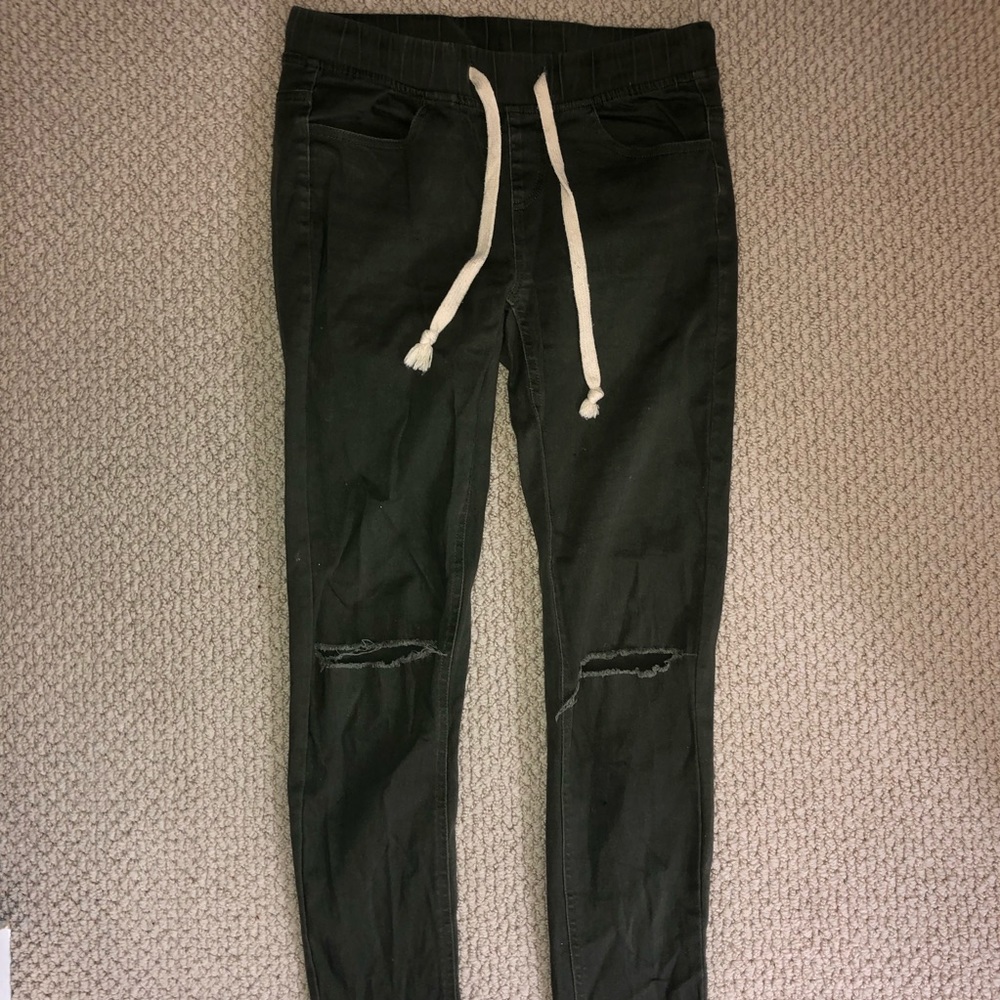 Army Green Skinny Drawstring Pants